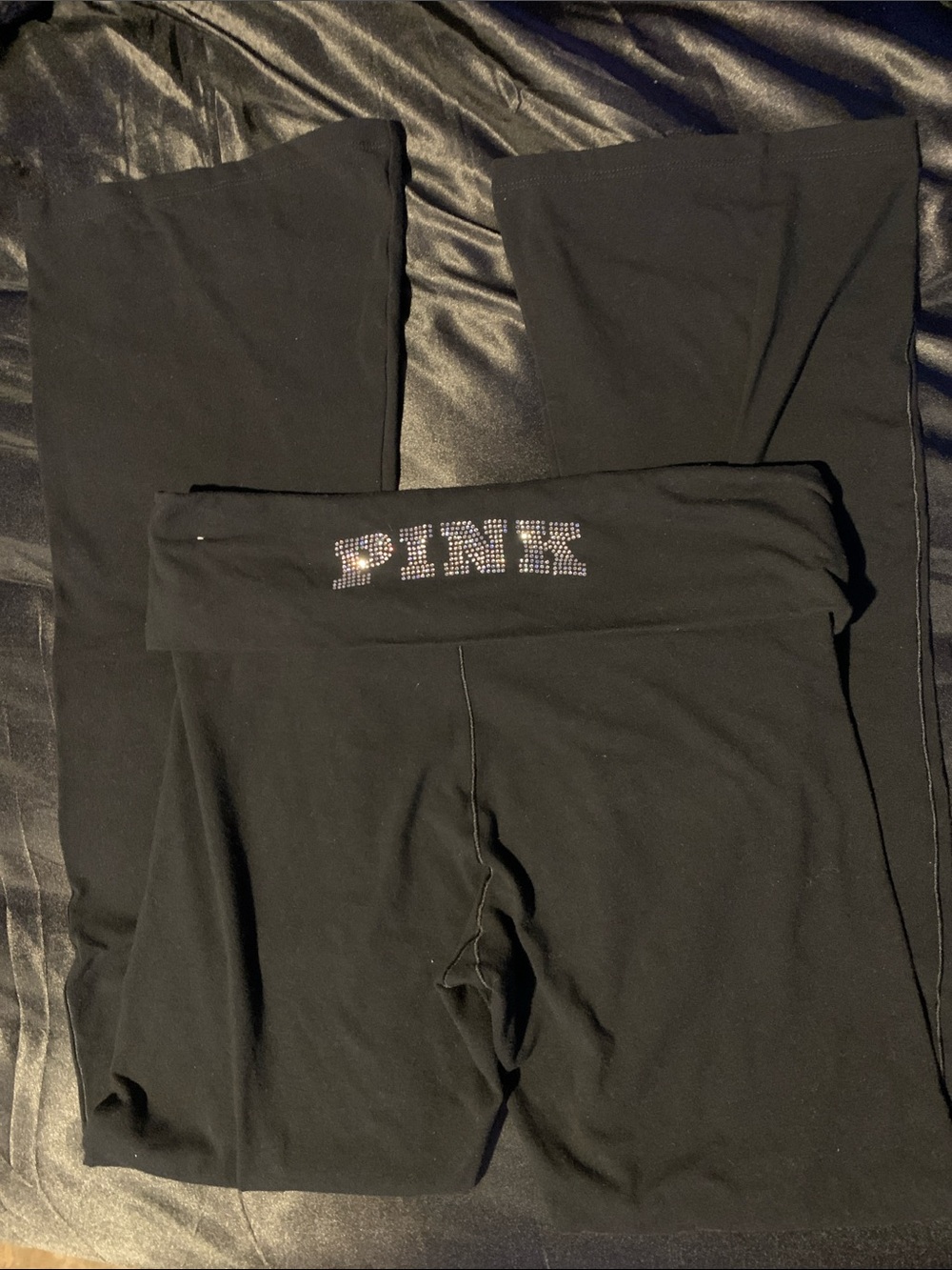 PINK Victoria's Secret Black Boot Cut Flare Pants with Rhinestone Logo